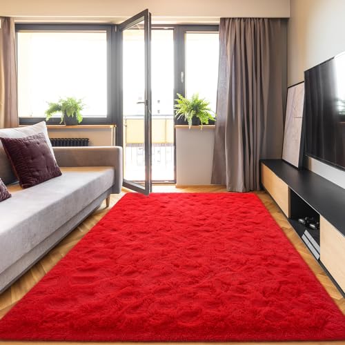 DETUM Red Living Room Rug 5X8 Area Rug Red Christmas Rugs for Bedroom Master Room Dining Dorm Kids Room Machine Washable Nonslip Carpets Soft and Fluffy Modern Home Decoration - color: Red, size: 5 x 8 Feet