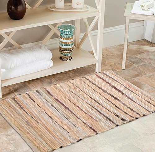 Cotton Hand Woven Chindi Rug 2x3 Feet - Beige, Decorative Soft Throw Indoor Floor Rag Rugs Ideal for Entryway, Kitchen, Kids Room | Durable Lightweight Neutral Home Space Dhurrie for Costal Décor - color: Beige, size: 2 x 3 feet