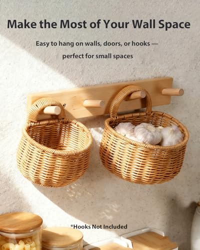 2 Pack Wall Hanging Rattan Baskets, Hand-Woven Storage Basket, Small Wall Hanging Baskets for Kitchen, Washable Decorative Basket, Potato Garlic Onion Storage Baskets - style: Minimal Style
