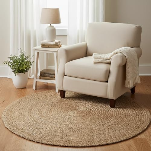 FRELISH DECOR Handwoven Jute Area Rug - 4 feet Round - Natural Yarn - Rustic Vintage Beige Braided Reversible Rug - Eco Friendly Rugs for Bedroom - Kitchen - Living Room - Farmhouse (4' Round) - color: Natural, size: 4' (Round)