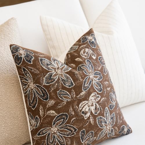 FIOUOVO Floral Throw Pillow Covers 18x18 Set of 2 Farmhouse Pillow Covers Vintage Neutral Accent Pillowcases Decorative Cushion Covers for Sofa Couch Living Room Bedroom Home Decor, Brown - color: Brown, size: 18" x 18" (Pack of 2)