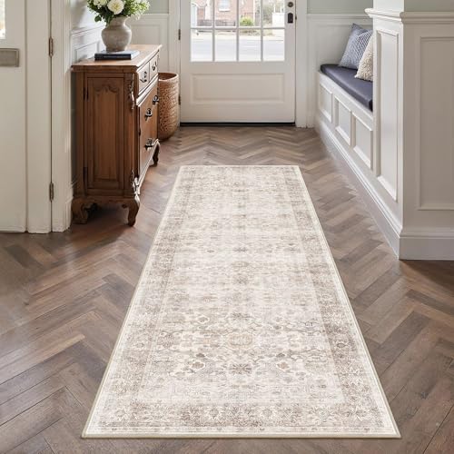 2x6 Beige Vintage Washable Runner Rugs for Hallway Kitchen Boho Hallway Rug Low Pile Non-Slip Retro Distressed Accent Throw Carpet for Entryway Bathroom Bedroom Neutral Beige - color: Neutral Beige, size: 2'*6'(Runner)