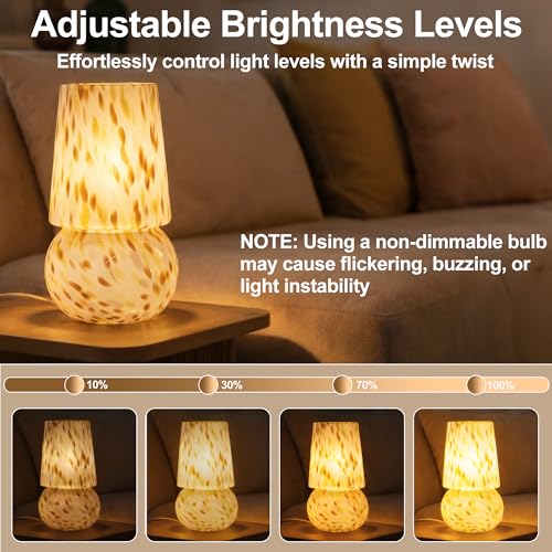 9.8 Inch Mushroom Table Lamp, UL Listed Dimmable Small Desk Bedside Lamp with Woven Beige Cord, Handcrafted Pattern, Murano Home Decor for Bedroom, Living Room, Entryway, Cream Gold, No Bulb Included - color: Cream Gold