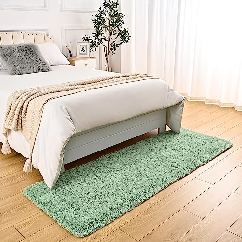 DweIke Fluffy Sage Green Runner Rugs for Bedroom, 2x6 Feet Soft Plush Long Runners for Girls Boys Kids, Non-Slip and Machine Washable Bedside Rug, Small Throw Carpet for Hallway Rooms Decor - color: Green, size: 2 Ft X 6 Ft