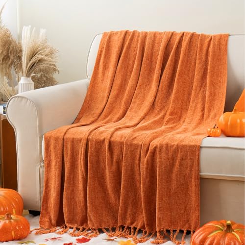 BATTILO HOME Burnt Orange Chenille Throw Blanket for Couch, Soft Cozy Knitted Fall Throw with Tassels, Lightweight Throw Blanket for Fall Decor Bed Sofa Living Room, 50"x60" - color: Orange