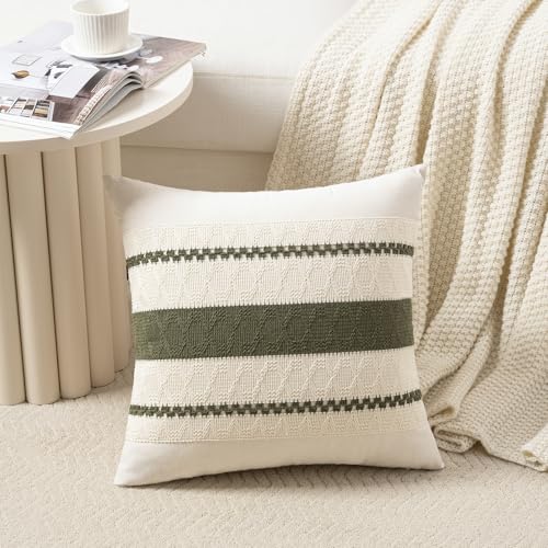 Fancy Homi Set of 2 Boho Olive Green Decorative Throw Pillow Cover 16x16 Inch for Couch Bed Sofa, Aesthetic Modern Organic Farmhouse Home Decor, Soft Cotton Cute Accent Macrame Woven Cushion Case - color: Olive Green, size: 16" x 16" (Pack of 2)