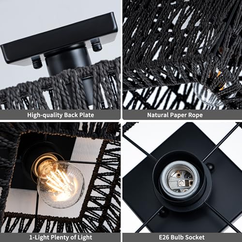 Rpzloila Rattan Ceiling Light, Black Boho Light Fixture, Square Flush Mount Ceiling Light for Bedroom, Hallway, Entryway, Kitchen, Laundry - color: Black, size: 1-Light-Square