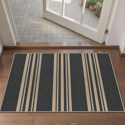 PureCozy Striped Easy Jute Rug 2x3 Black Entryway Carpet Washable Non Slip Door Mat Farmhouse Neutral Non Shedding Entry Small Indoor Outdoor Rug for Kitchen Bedroom Mudroom Bathroom - color: Black/Striped, size: 2' x 3' (Rectangular)