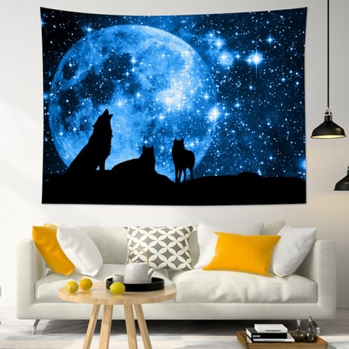 HVEST Wolf Tapestry Wolves on Mountain Wall Hanging Full Moon in Starry Sky Tapestries for Kids Bedroom Living Room Dorm Party Wall Decor,80Wx60H inches - color: Blue, size: 60"L x 80"W