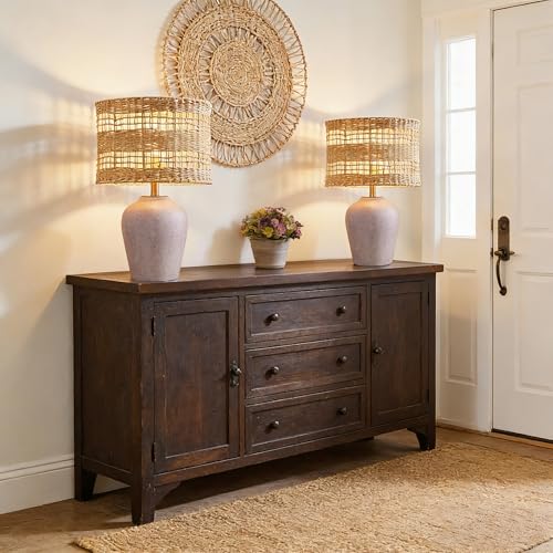Maxax 21" Boho Table Lamp for Bedroom, Farmhouse Ceramic Bedside Lamp with Woven Rattan Shade, 3 Way Dimmable Coastal Rattan Bedroom Lamp for Nightstand Office Home - color: Dark gray