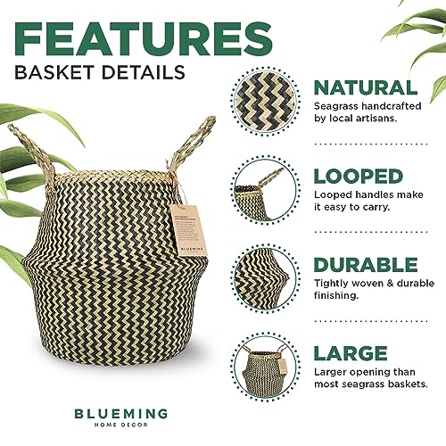 Blueming Wicker Plant Basket – Small 8-9 Inch Medium Seagrass Pot for Faux Olive Tree, Snake Plant or Houseplants, Black Decorative Planter for Home Decor - color: Black, size: Medium