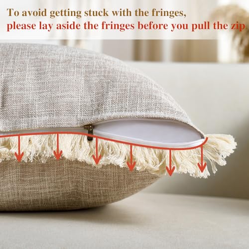 Faux Linen Fringe Decorative Throw Pillow Covers 18x18 Inch Set of 2 Beige Burlap Boho Farmhouse Pillowcases with Tassels Rustic Woven Textured Cushion Cases for Sofa Bed Living Room Home Decor - color: Beige, size: 18" x 18" (Pack of 2)
