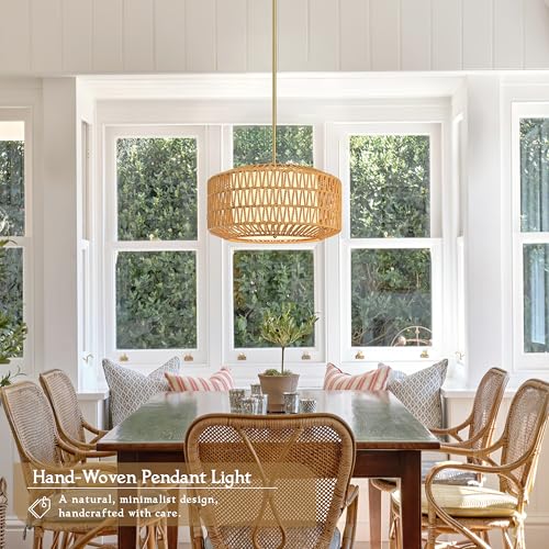 18 inch Natural 3 Light Rattan Light Fixture Woven Pendant Lights Rattan Farmhouse Chandeliers Fabric Shade Boho Chandelier for Dinning Room Kitchen - color: 18"-Natural-Prism