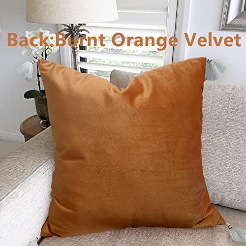 Alysheer Boho Tufted Decorative Throw Pillow Cover with Tassels Fringe 18''x18'', Cotton Velvet Reversible Woven Bohemian Style Cushion Case for Sofa Couch Living Room Gifts (Burnt Orange)
