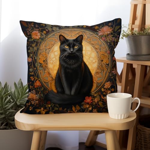 YOU FOUND ME William Morris Abstract Vintage Black Cat Design Throw Pillow Cover Home Decor, Art Decor Pillowcase Cushion Cover for Bed Sofa Living Room, Indoor and Outdoor 18x18inch (Black Cat3) - color: Black Cat3
