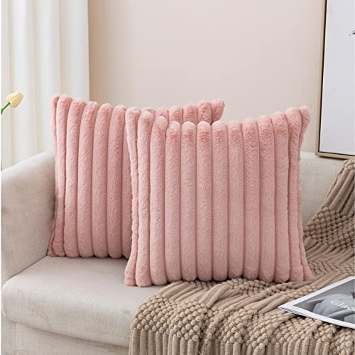 ZLINA Set of 2 Baby Pink Faux Fur Decorative Throw Pillow Covers Fluffy Striped Pillowcase Cushion Covers 16 x 16 Inch Decor Sofa Couch Bedroom - color: Baby Pink, size: 16" x 16" (Pack of 2)