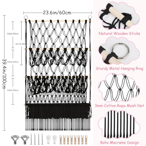 3 Tier Wall Hanging Stuffed Animal Shelf, 24x39 Inch Large Stuffy Storage Holder w/ LED Light & Clips for Mini Medium Plushies Teddy, Black Boho Macrame Toy Hammock Display for Nursery Kids Girls Boys - color: Black, size: Large-3 Tier-24x39 Inch