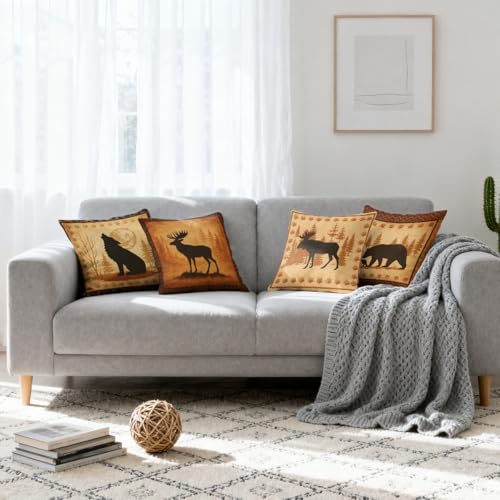 Wildlife Throw Pillow Covers 18x18 Set of 4, Rustic Deer Moose Bear Wolf Forest Silhouette Pillowcase Decoration Cushion Cover for Bed Sofa Living Room - color: Wildlife