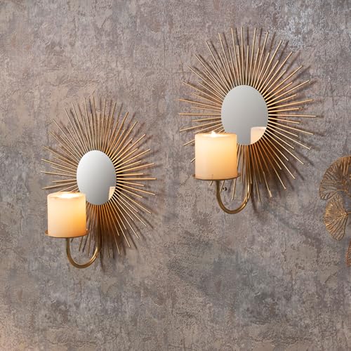 AIM & GGKK Wall Candle Sconce Holder,Set of 2 Mirror Wall Mounted Metal Candle Holder for Home,Living Room, Dining Room,Rustic Farmhouse Boho Decorations - color: Gold Sun