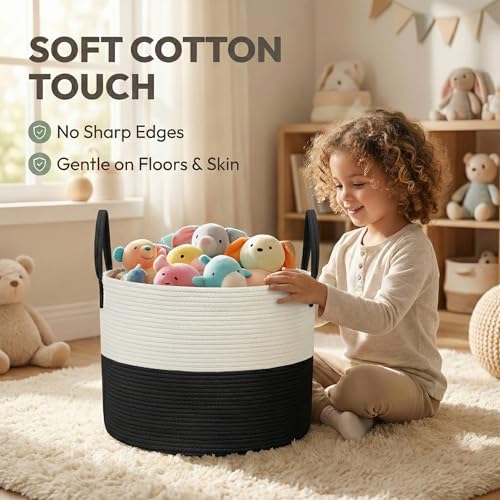 JMvicyroam 65L Extra Large Blanket Basket for Living Room - Woven Cotton Rope Laundry Hamper with Reinforced Handles - Storage Bin for Pillows, Comforters & Toys - Machine Washable,White&Black - color: White&Black, size: 65L