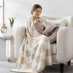 WRENSONGE Checkered Throw Blanket, Beige Soft Cozy Fluffy Warm Hand Made Throw Blankets for Couch, Sofa, Chair, Bed, Camping, Picnic, Travel Lightweight Bed Blanket - 50"*60" - color: Beige, size: Throw (50"x 60")