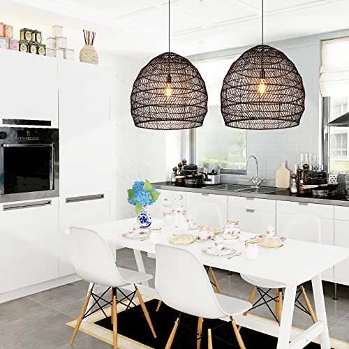 Arturesthome 15.7" Black Woven Chandelier for Kitchen,Rattan Woven Basket Pendant Light Boho Coastal Pendant Lampshade for Hallway Bedroom - color: Black, size: 15.7in*13.78in