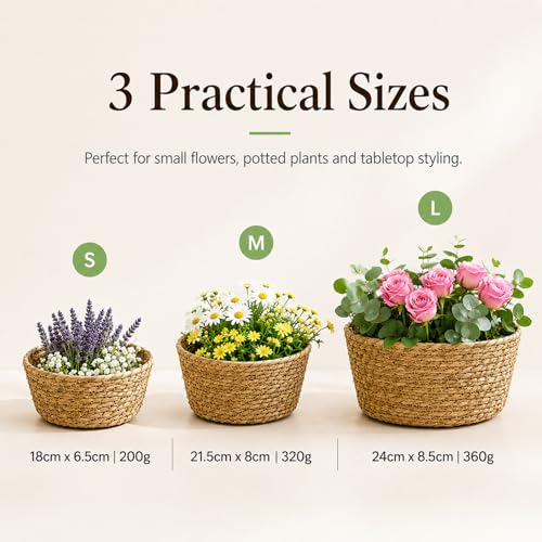 3 Pcs Natural Woven Planter Basket, Handwoven Grass Plant Basket Pot Cover, Round Decorative Storage Basket for Indoor Plants, Flower Pots, Desktop Organizer (Medium) - size: Medium