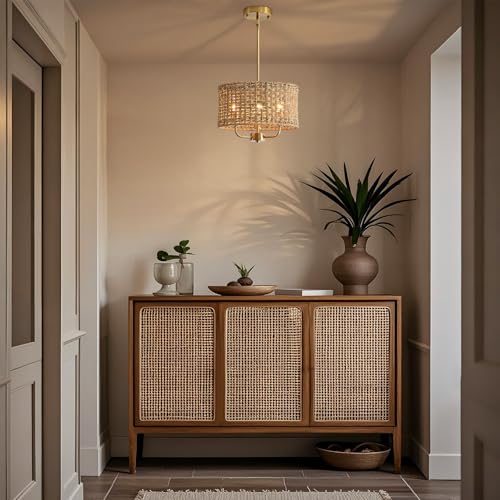 3-Light Rattan Chandelier Chandeliers for Dining Room, Boho Chandelier, Coastal Hand Woven Pendant Light Fixture for Kitchen Island Entryway Foyer Living Room Bedroom UL Listed Gold - color: Gold, size: 12.6"