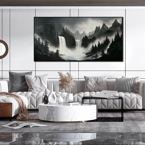 HUBOSKN Hand Painted Mountains Painting for Living Room - Waterfall Canvas Wall Art for Office - Large Framed Wall Art Bedroom Size 29" x 59" - color: Black and White, size: 59"L x 29"W Framed