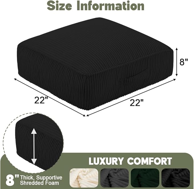 Floor Pillow for Adults Set of 2, 8" Square Floor Cushions with Washable Cover, Large Corduroy Meditation Pillow, 22 inches Tatami Seat with Handle for Living Room or Yoga, Black