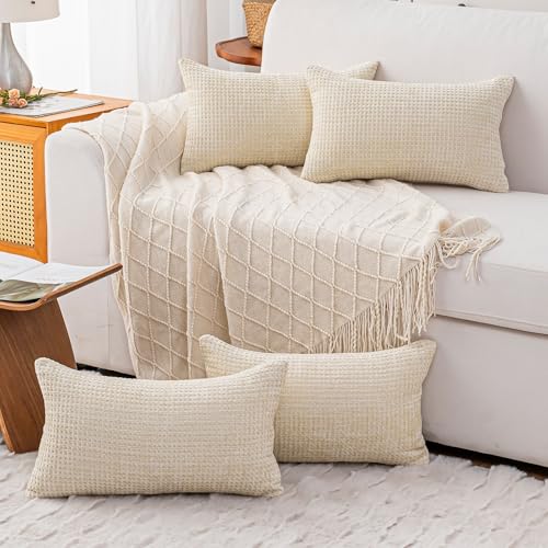 Pack of 4 Throw Pillow Covers 20x12 inch Beige Boho Cushion Covers Decorative Farmhouse Pillow Covers for Couch Bed Sofa Living Room Home Decor Soft Square Pillowcase - color: Beige, size: 20" x 12" (Pack of 4)