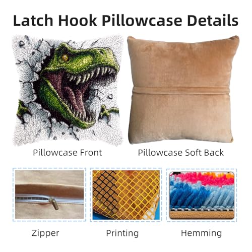 DIY Latch Hook Pillow Kits Green Dinosaur Printed Pillowcase Crochet Yarns Hooking Handmade Pillow Cover Cushion for Home Sofa Decoration 17x17inch-6 - color: 10-Green Dinosaur