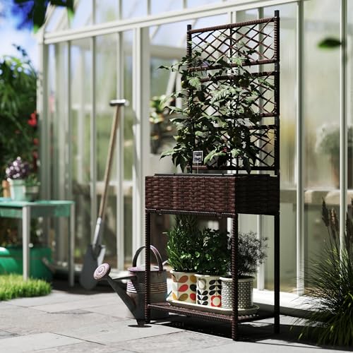 Outsunny Raised Garden Bed with Trellis, Outdoor Wicker Planter, Freestanding Rattan Planter Stand with Storage Shelf for Climbing Plants, Flowers, Herbs, Vegetables, Brown - color: Brown