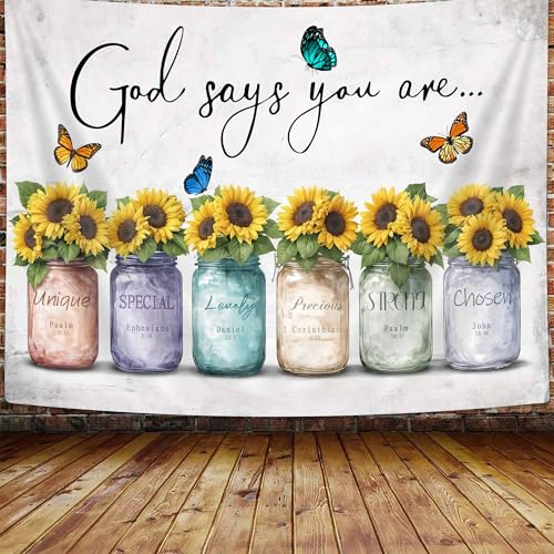 DYNH Inspirational Bible Verse Tapestry, God Says You Are, Sunflowers in Mason Jar Wall Hanging,Quotes Tapestries for Bedroom Living Room Dorm TV Backdrop,40x30In - color: Yellow, size: 40"L x 30"W