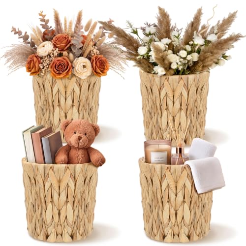 Set of 4 Water Hyacinth Planter Basket Boho Rattan Handwoven Storage Baskets Cottage Rustic Farmhouse Woven Rustic Wicker Sundries Baskets Artificial Flower Pots for Organizing Indoor Decor