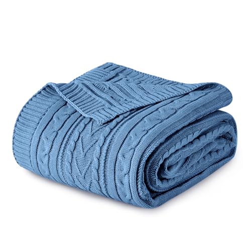Aormenzy Dusty Blue Cable Knit Throw Blanket Queen Size for Bed Couch Sofa, Super Soft Cozy Knitted Blanket 90" x 90" Bed Blankets Full Size - color: Dusty Blue, size: 90" x 90", Queen