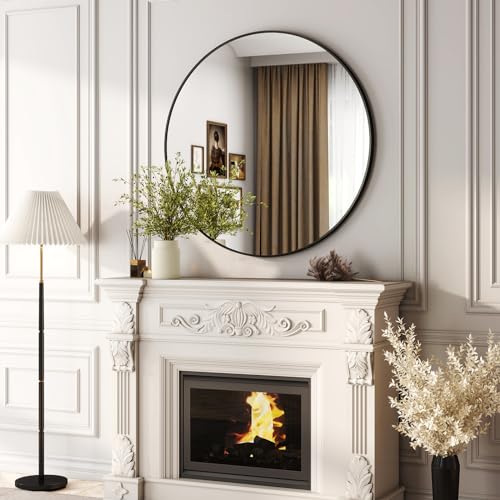 36 Inch Round Bathroom Mirror - Black Wall Mounted Circle Mirror with Metal Frame, Modern Round Hanging Mirror Suitable for Bathroom, Vanity, Entryway, Living Room - color: Black, size: 36"L x 36"W