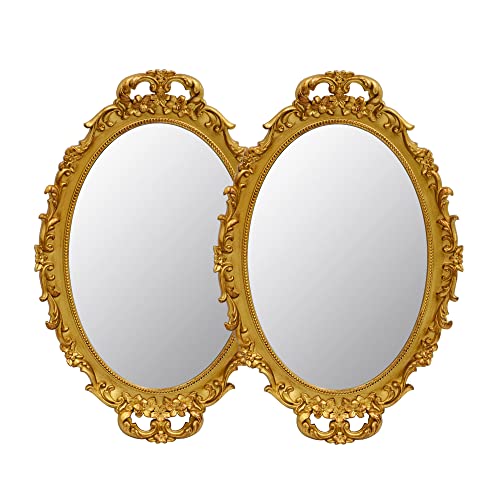 Tstarer 2 Pack - Vintage Decorative Gold Framed Mirror, Wall Hanging Mirrors & Tabletop Tray for Bedroom Living Room Dresser Decor, Oval- 9.6" W x 14.3" L (GOLD-2PACK) - color: Gold-2pack