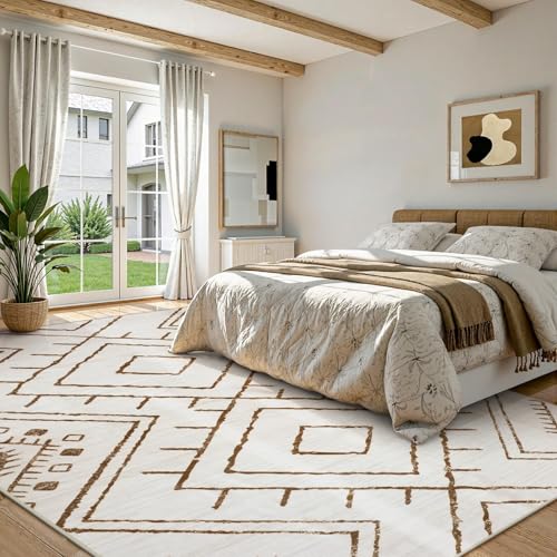 LIVEBOX Moroccan 8x10 Area Rug, Beige Washable Rugs for Living Room Bedroom, Non Slip Western Tribal Rug Low Pile Geometric Large Area Rugs Diamond Carpet for Dining Room, Nursery Room, Playroom Boho - color: Beige/Brown, size: 8‘ x 10'