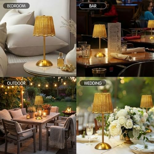 Pickmesh 1 Pack Rattan Table Lamp Woven Boho Table Lamp with Gold Tone Base Wicker Night Light Cordless LED Desk Lamps for Living Room Bedroom Home Decor, 2600mah Battery Operated