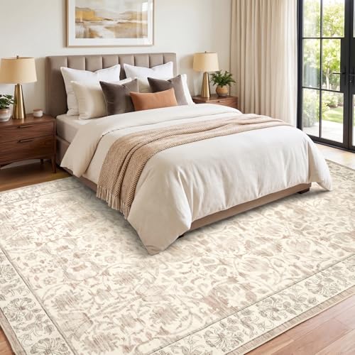 8x10 Area Rugs for Living Room, Washable Area Rug Beige Floral Printed, Non Slip Low Pile Neutral Rug, Vintage Boho Throw Rug, Stain Resistant Carpet for Bedroom Playroom Dining Room Office - color: Beige Floral, size: 8' x 10' (Rectangular)