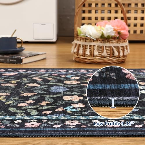 GarveeHome Washable Runner Rug 2 x 6 Non-Slip Non-Shedding Soft Vintage Bedside Rug, Low Pile Farmhouse Floral Carpet, Indoor Foldable Printed Entryway Rug for Hallway Kitchen, Dark Grey Blue - color: Dark Grey Blue, size: 2' x 6' (Rectangular)