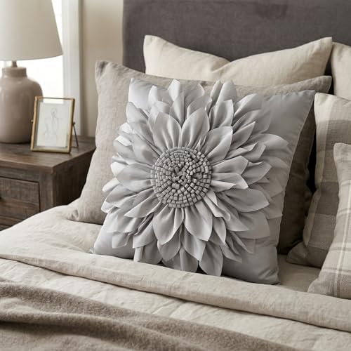 Bella's Giftshop 3D Sunflower Decorative Throw Pillow Covers for Bed Sofa Couch Chair, Accent Floral Taffeta Cushion Cover, Handmade Pillow Cases Living Room Decor, 17x17 Inch-Silver Gray - color: Gray