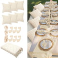 Beeveer 91 x 71 Extra Large Outdoor Boho Picnic Blanket with White Table Runner, 6 Throw Pillow Covers 6 Napkins Woven Cotton Yarn Oversize Beach Blanket Washable Picnic Camp Wedding - color: White