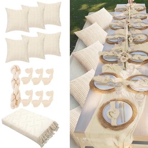 Beeveer 91 x 71 Extra Large Outdoor Boho Picnic Blanket with White Table Runner, 6 Throw Pillow Covers 6 Napkins Woven Cotton Yarn Oversize Beach Blanket Washable Picnic Camp Wedding - color: White