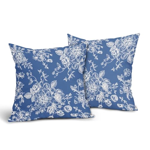 Kawani Vintage Floral Pillow Covers 18x18 Inch Set of 2 Blue Floral Outdoor Decorative Throw Pillows Chinoiserie Flower Pillowcases Rustic Farmhouse Cushion Covers for Couch Home Decor - color: Blue Floral, size: 18" x 18" (Pack of 2)