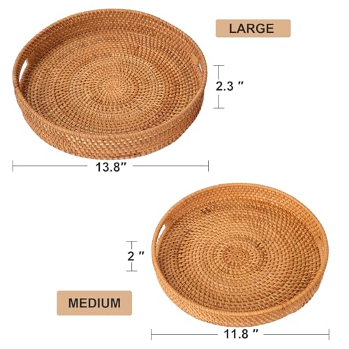 Round Rattan Serving Tray, Natural Wicker Decorative Tray for Serving, Fruit/Bread Serving Basket, Round Woven Tray with Handles.(Large:14inch) - size: 13.8"