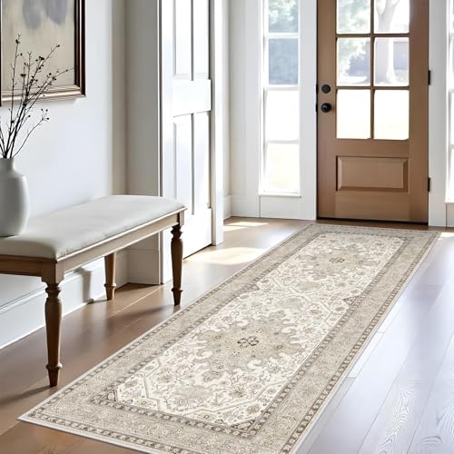 3x8 Runner Rug Kitchen - Hallway Non Slip Washable Oriental Runners Soft Indoor Neutral Carpet for Entry Bedroom Farmhouse Low Pile Stain Resistant Hall Rugs Long Thin Front Door Mat - 3x8 Ivory - color: Ivory, size: 3' x 8' (Rectangular)