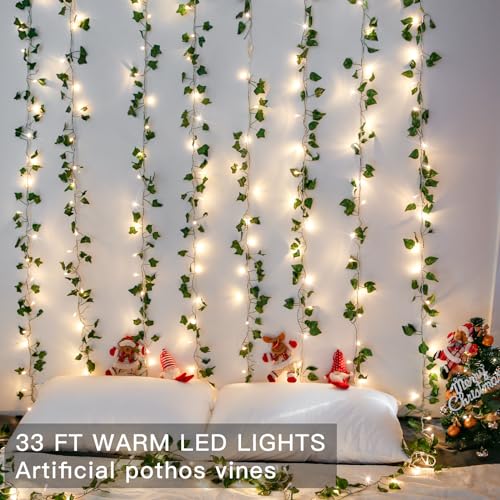 suddus Vine with Fairy Light Plug in, 33ft 100 LED Pothos String Lights Connectable with Remote, Leaf Lights for Bedroom, Room, Wall, Garden, Party, Wedding Dorm Decor (Warm White) - color: Pothos, size: 100 LED-Plug-Clear Wire