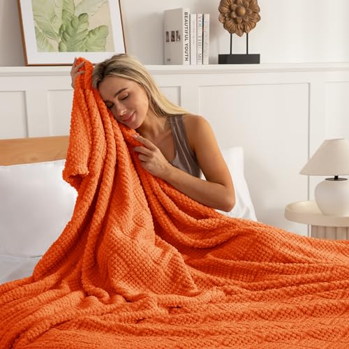 Whale Flotilla Fuzzy Fleece Twin Size Blanket for Bed, Soft Fluffy Jacquard Waffle Blankets for All Season, Lightweight and Cozy, 60x80 Inch, Burnt Orange - color: Burnt Orange, size: Twin(60x80 Inch)